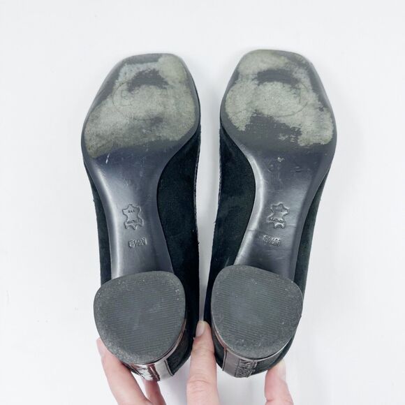 Tory Burch Frannie Reva Pumps 8.5 Black Suede Croc Trim Silver Logo Block Heels - Picture 8 of 14